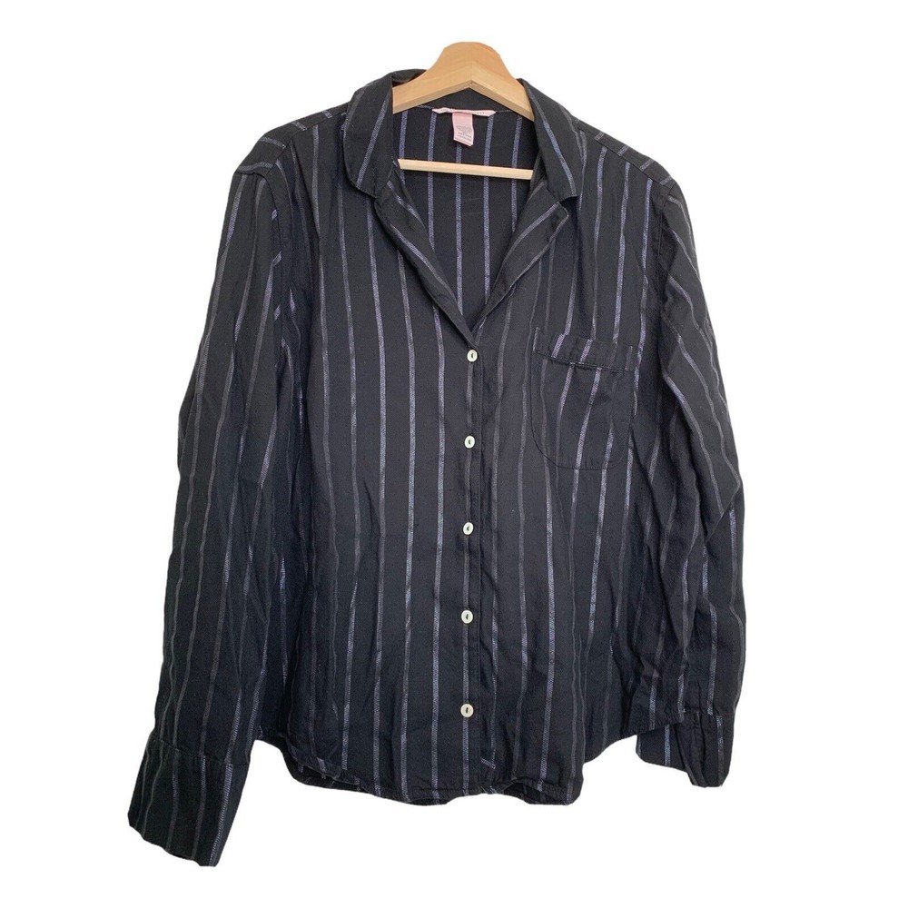 Victorias Secret Striped Satin Black Cotton Blend Pajama Top Size Large